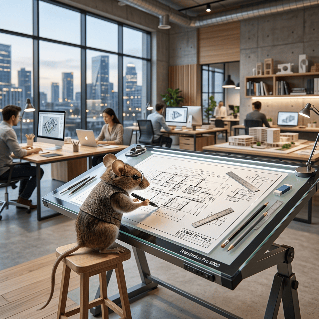 Mouse holding a pen over an architectural floor plan labeled URBAN ECO-HUB